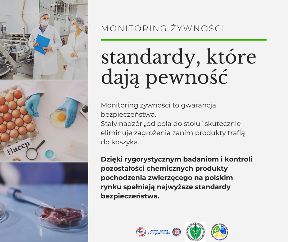 Baner z 3 zdjęć 1 z parą idącą w fartuchach przez halę produkcyjną 2 widoczne ręce pobierające pr&oacute;bki z jajek 3 kawałek miesa i pr&oacute;b&oacute;wka