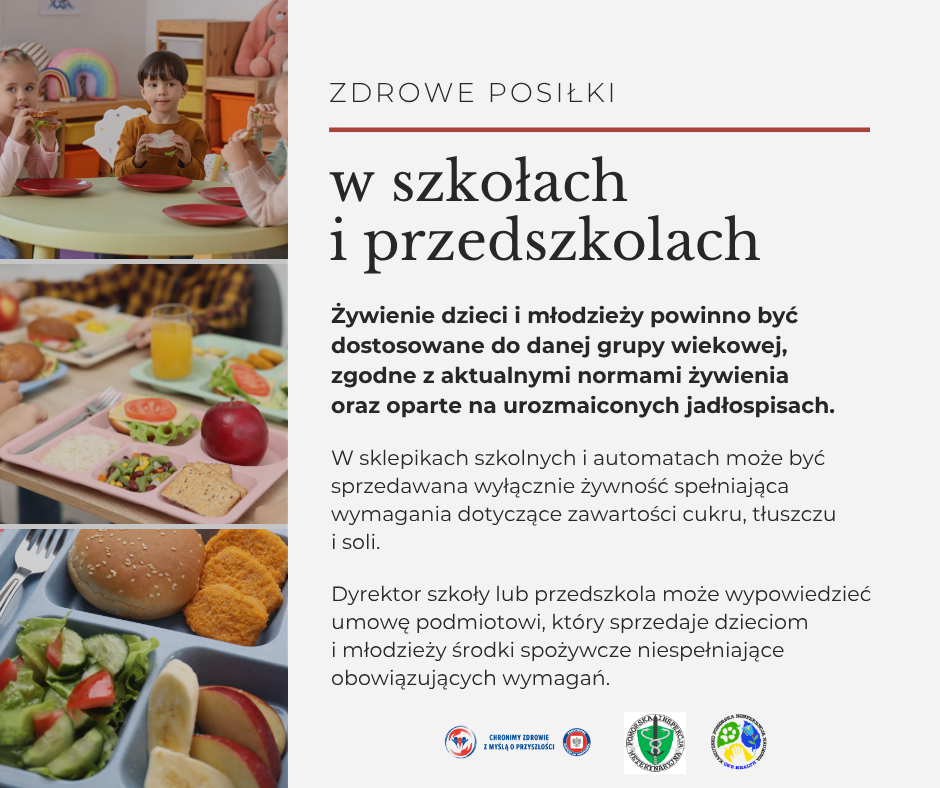 Baner z 3 zdjęć, 1 dzieci siedzące w łacwe jedzące kanapki, 2 kolorowe śniadani&oacute;wki z jabłkiem zdrowym chlebem, sałatką i sokiem pomarańczowym, 3 niebieska śniadani&oacute;wka z zieloną sałatką, kawałkami jabłek i banana oraz bułką z nugetsami