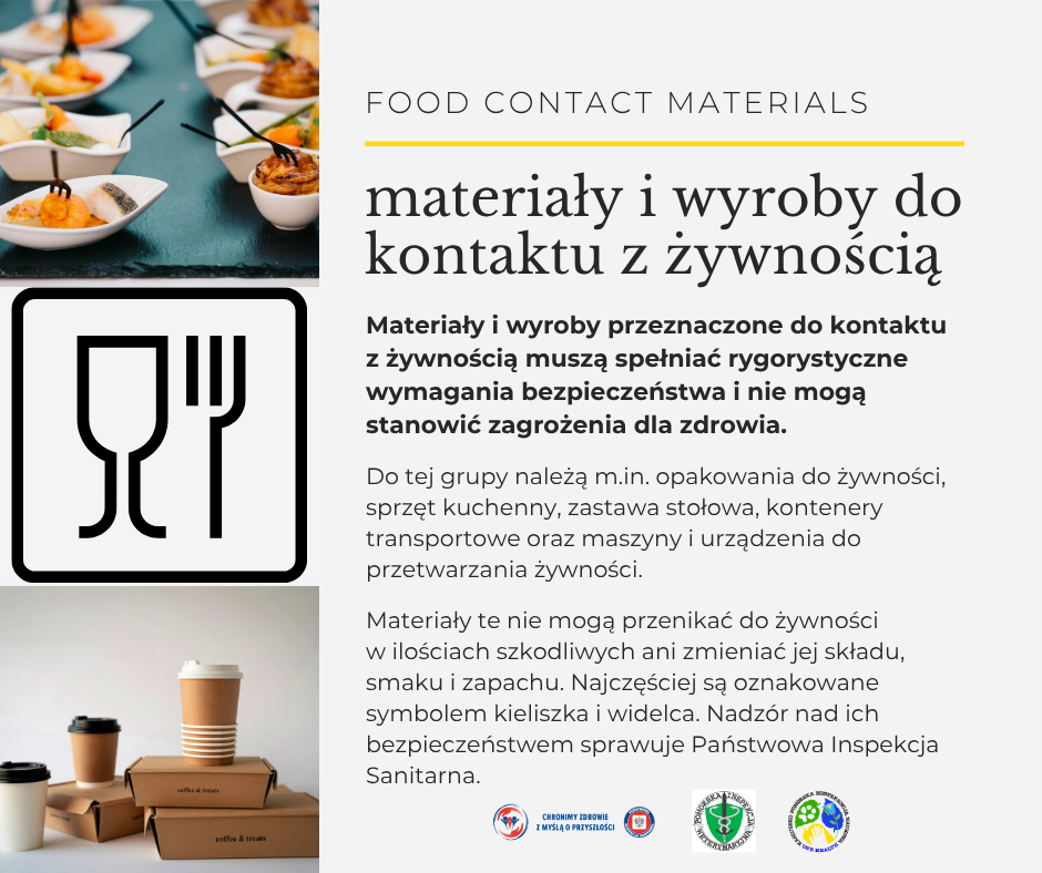 Baner z 3 części, 1 czarny st&oacute;ł z białymi talerzami z kawałkami ryb 2 logo materiał&oacute;w do kontaktu z żywnością 3 opakowania tekturowe na jedzenie oraz kubki do kawy ustawione na sobie