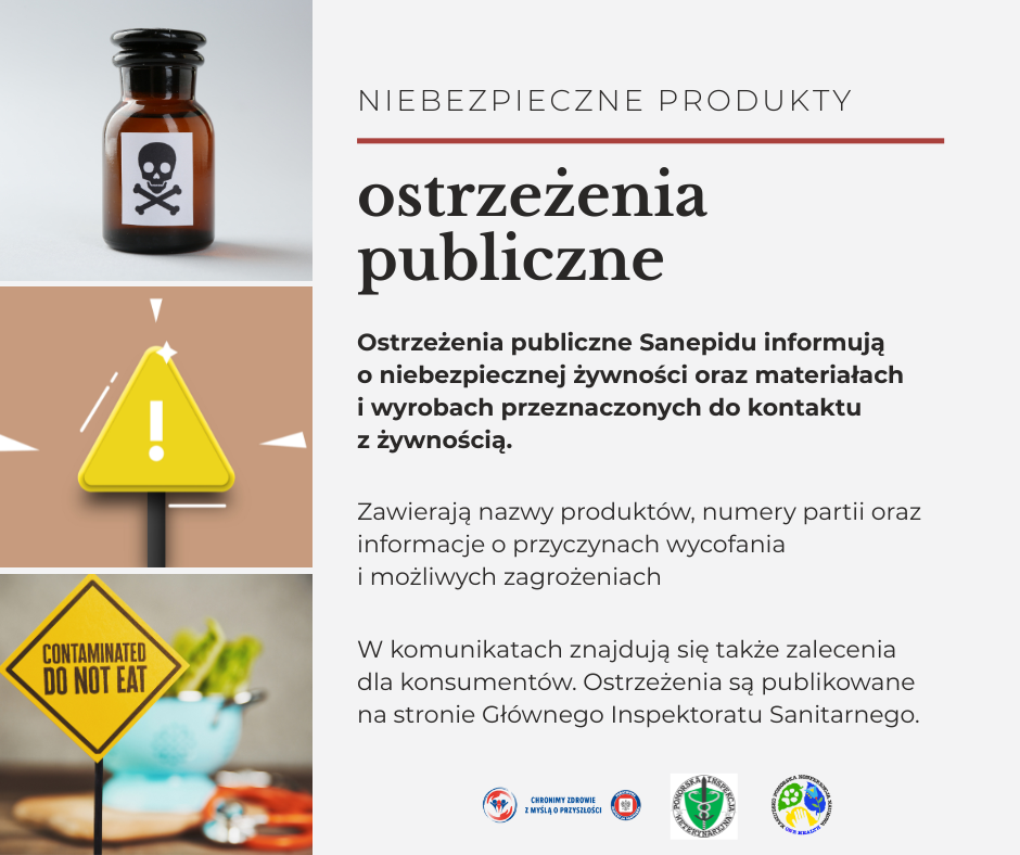Baner z 3 zdjęć, 1 butleka z naklejką z trupią czaszką 2 ż&oacute;łty tr&oacute;jkątny znak z wykrzyknikiem na brązowym tle 3 ż&oacute;łty znak z napisem skażone nie jeść na tle rozmytego cedzaka z jedzeniem