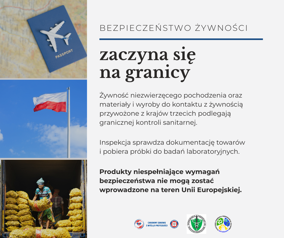 Baner z 3 zdjęć, 1 paszport z samolotem na tle mapy 2 polska flaga na niebieskim niebie 3 mężczyzna rozładowujący ż&oacute;łte worki z tira