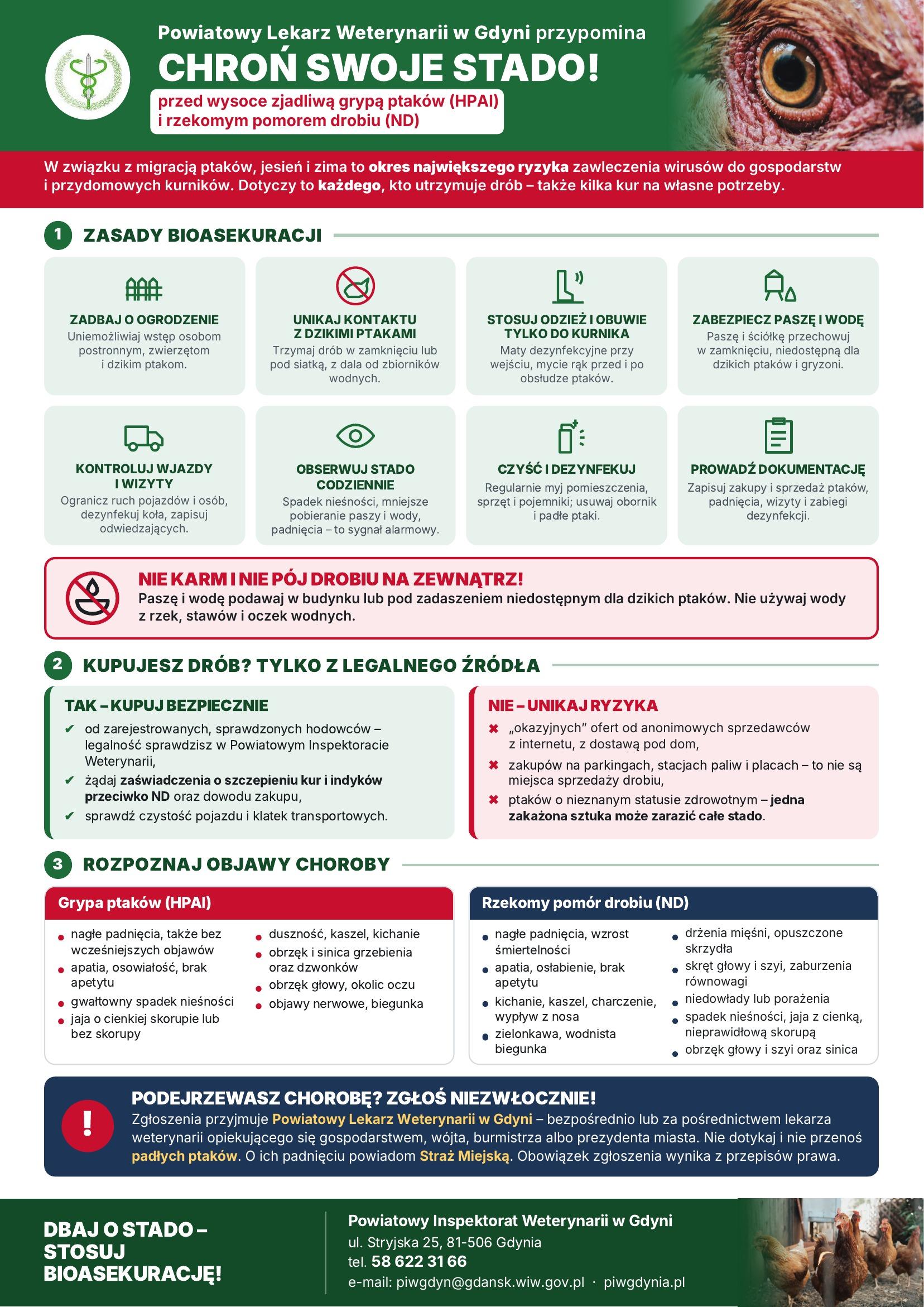 Ulotka Powiatowego Lekarza Weterynarii w Gdyni o ochronie drobiu przed grypą ptak&oacute;w (HPAI) i rzekomym pomorem drobiu (ND): zasady bioasekuracji, zasady bezpiecznego zakupu drobiu, objawy obu chor&oacute;b oraz obowiązek zgłaszania podejrzenia choroby, tel. 58 622 31 66.